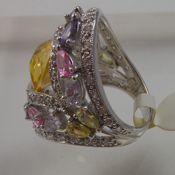 Vintage 1990's CZ Cocktail Statement Ring Simulated Canary Diamond Pink Sapphire - Picture 6 of 9